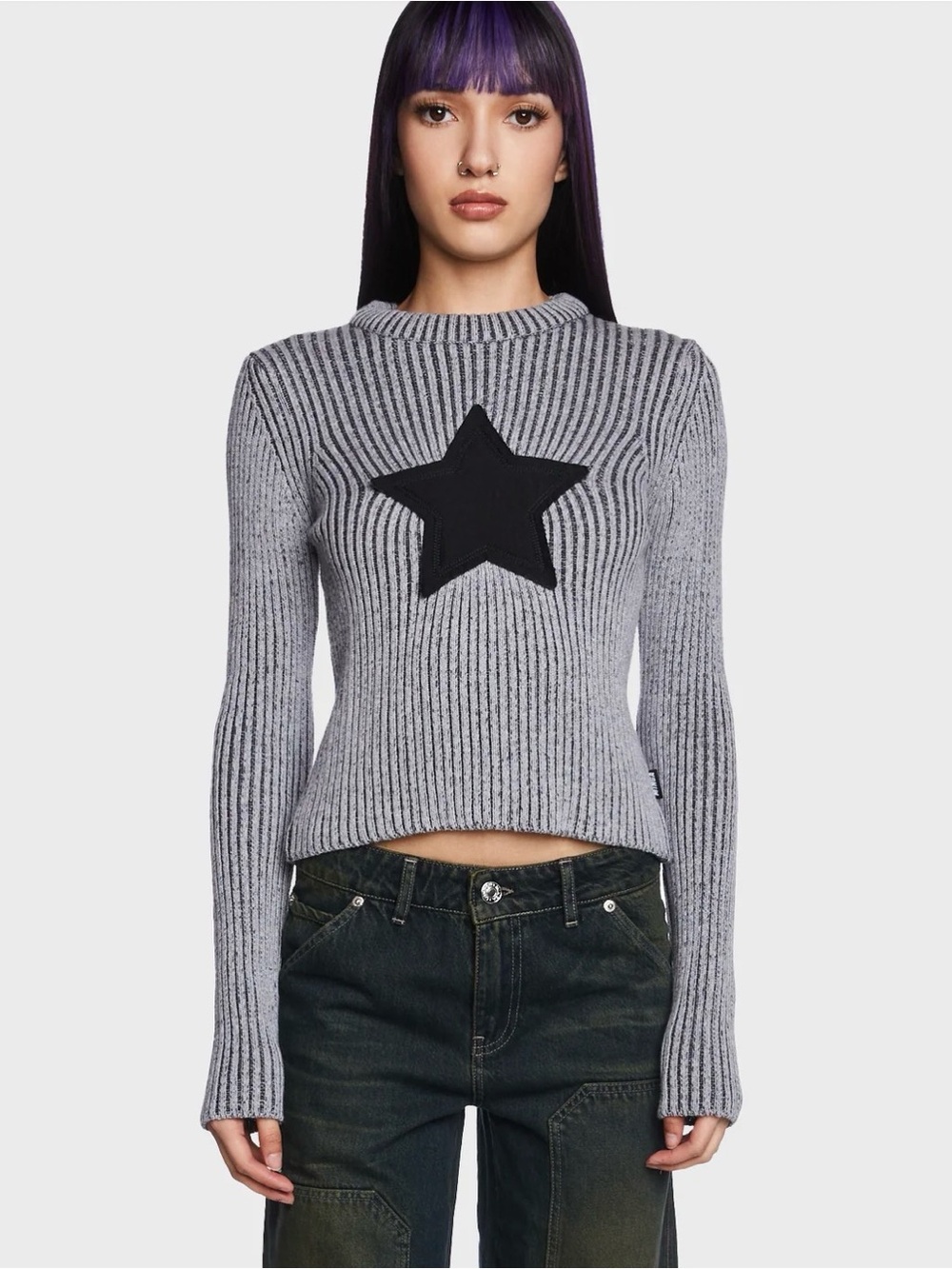 Minga London Star Knit Jumper Ribbed Sweater M Gray Black